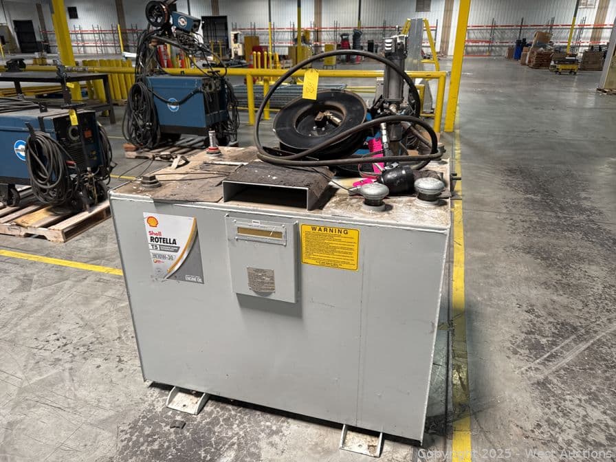 steel-oil-storage-tank-with-pump-dispensing-gun-and-approximately-200-gallons-10w-30-595653