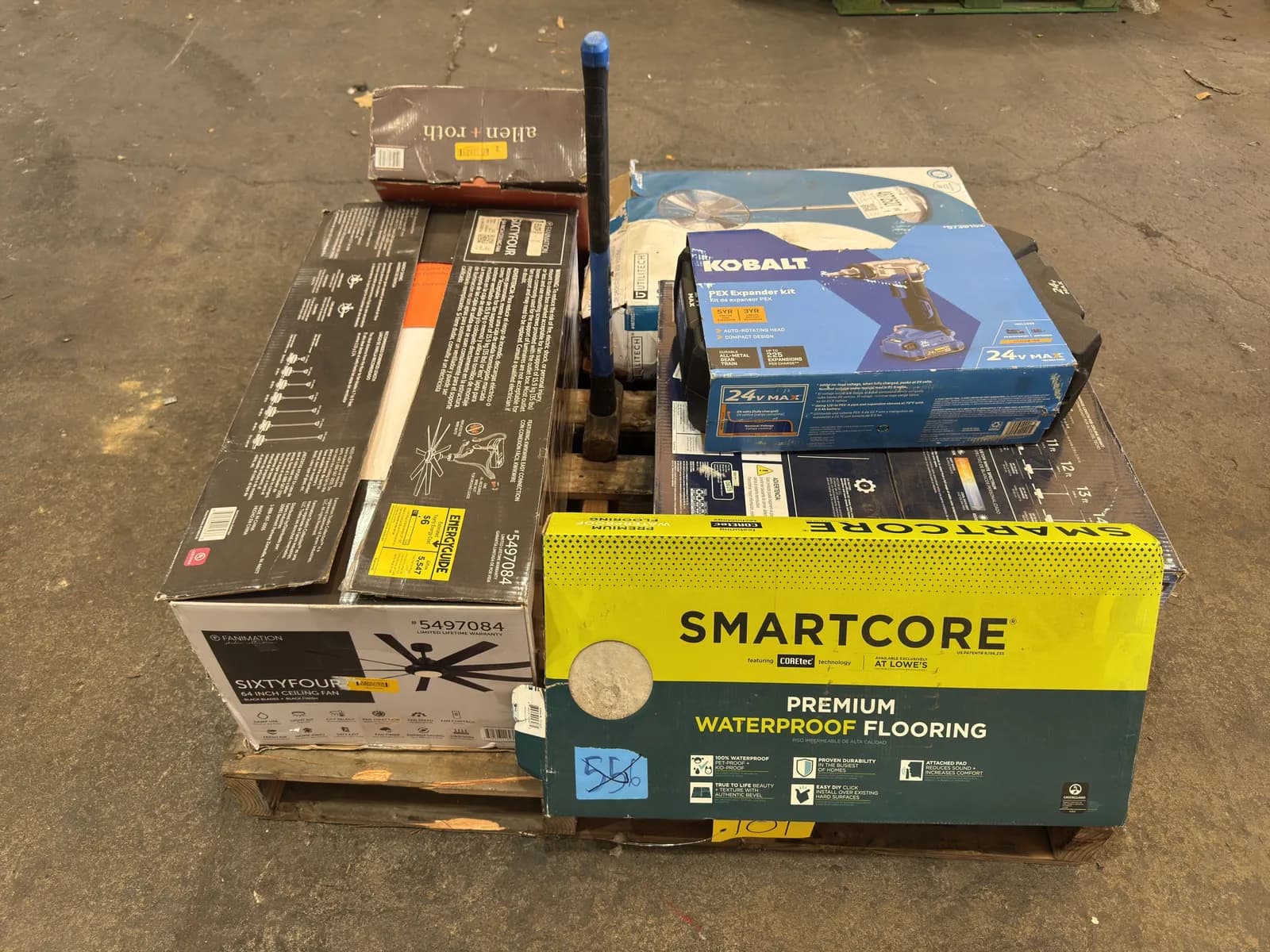 contents-of-pallet-64-ceiling-fan-kobalt-pex-expander-lighting-and-more-mpn9h5nm