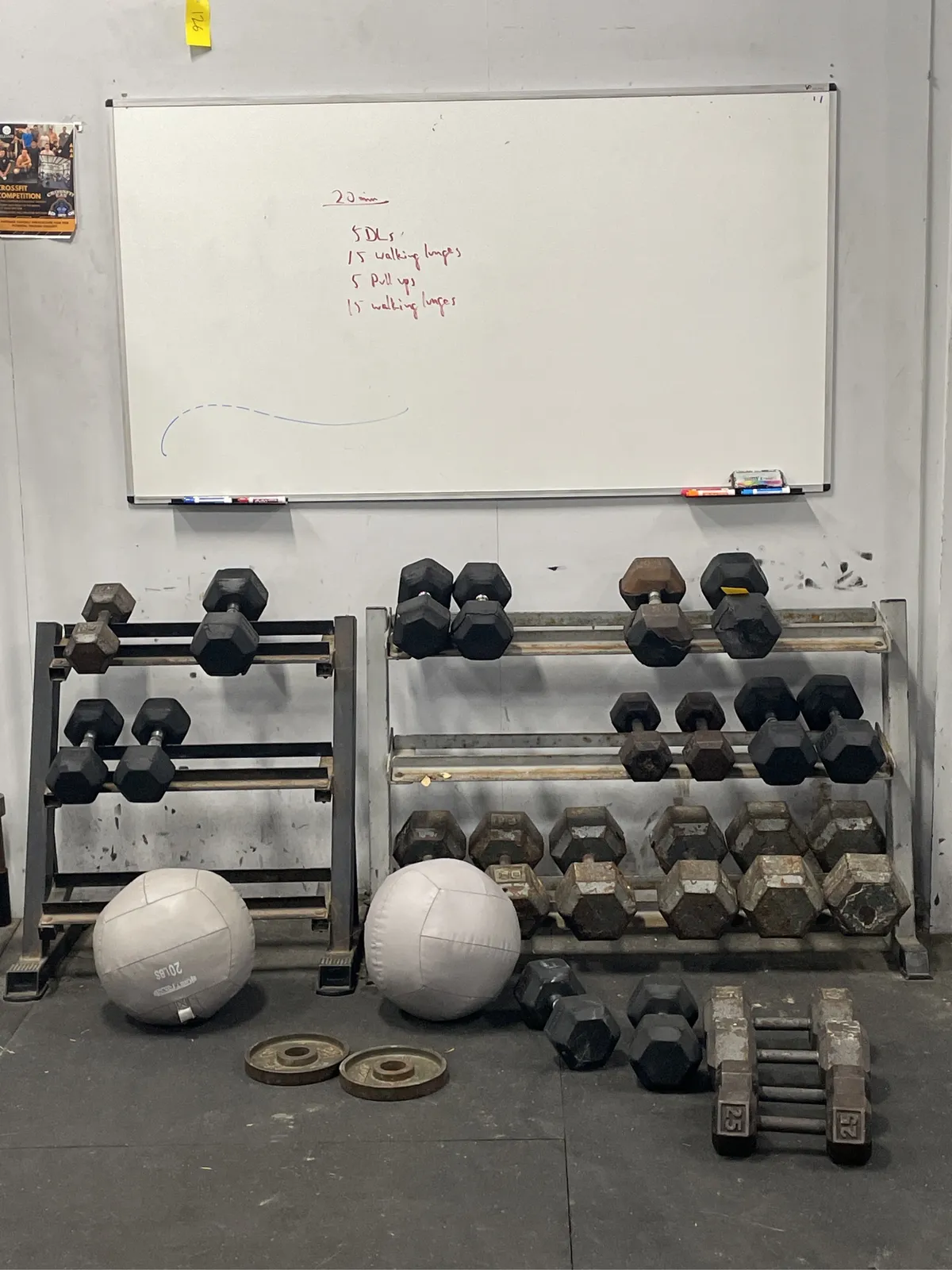 bulk-lot-dumbbells-with-racks-medicine-balls-whiteboard-e646b9