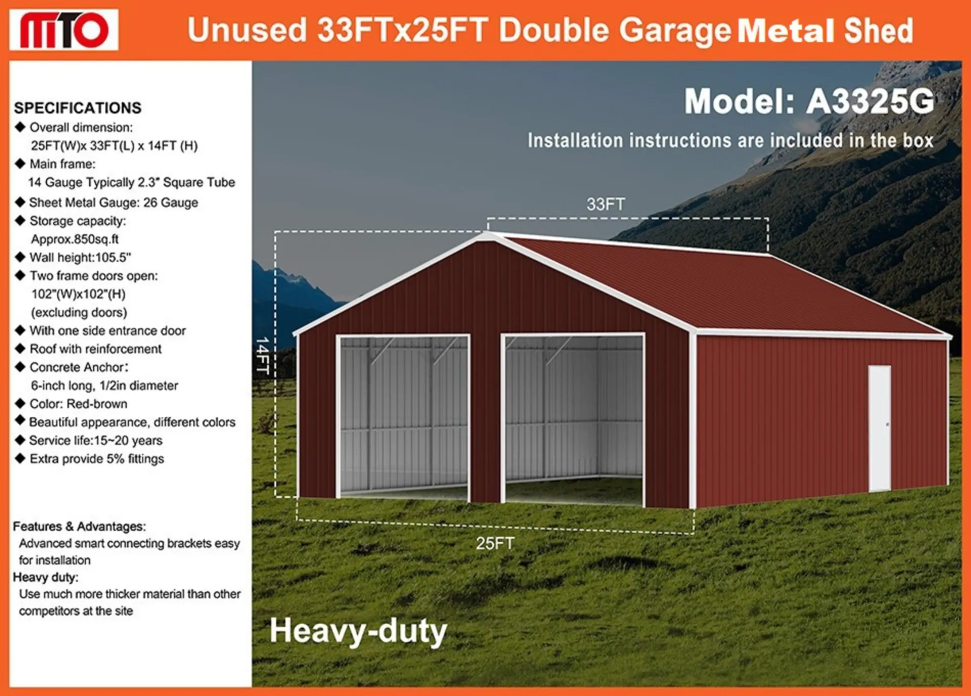 2026-mto-a3325g-33x25-double-garage-steel-barn-shed-unused-mtup17fh