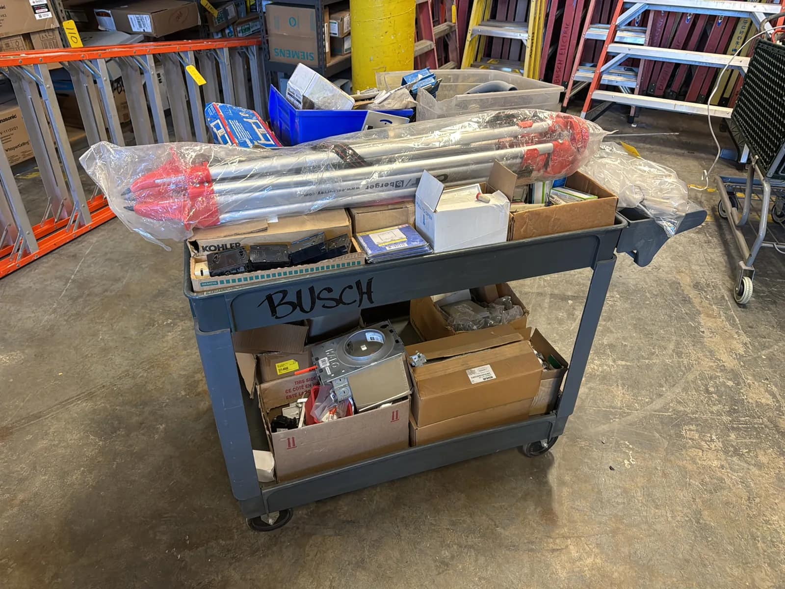 haulmaster-rolling-cart-and-contents-electrical-supply-breaker-switches-light-fixture-boxes-and-cover-plates-and-berger-tripod-636ca2