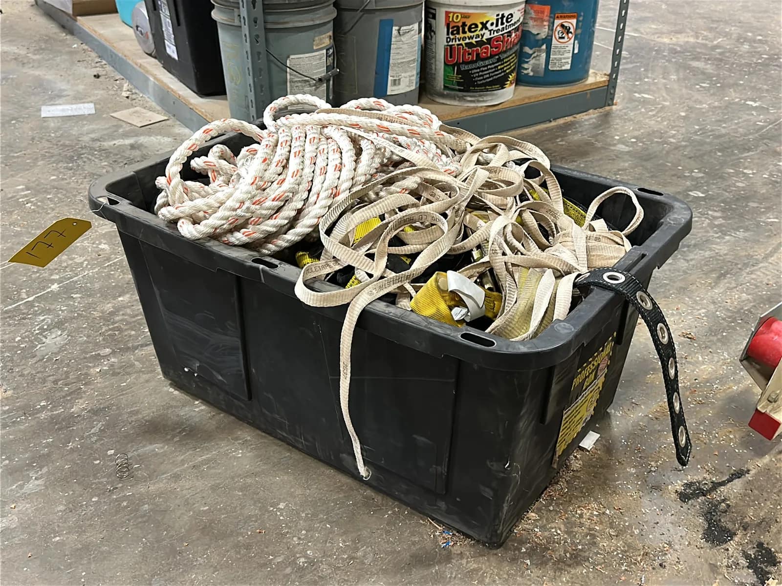 tote-of-assorted-ropes-and-safety-harness-equipment-a5590d