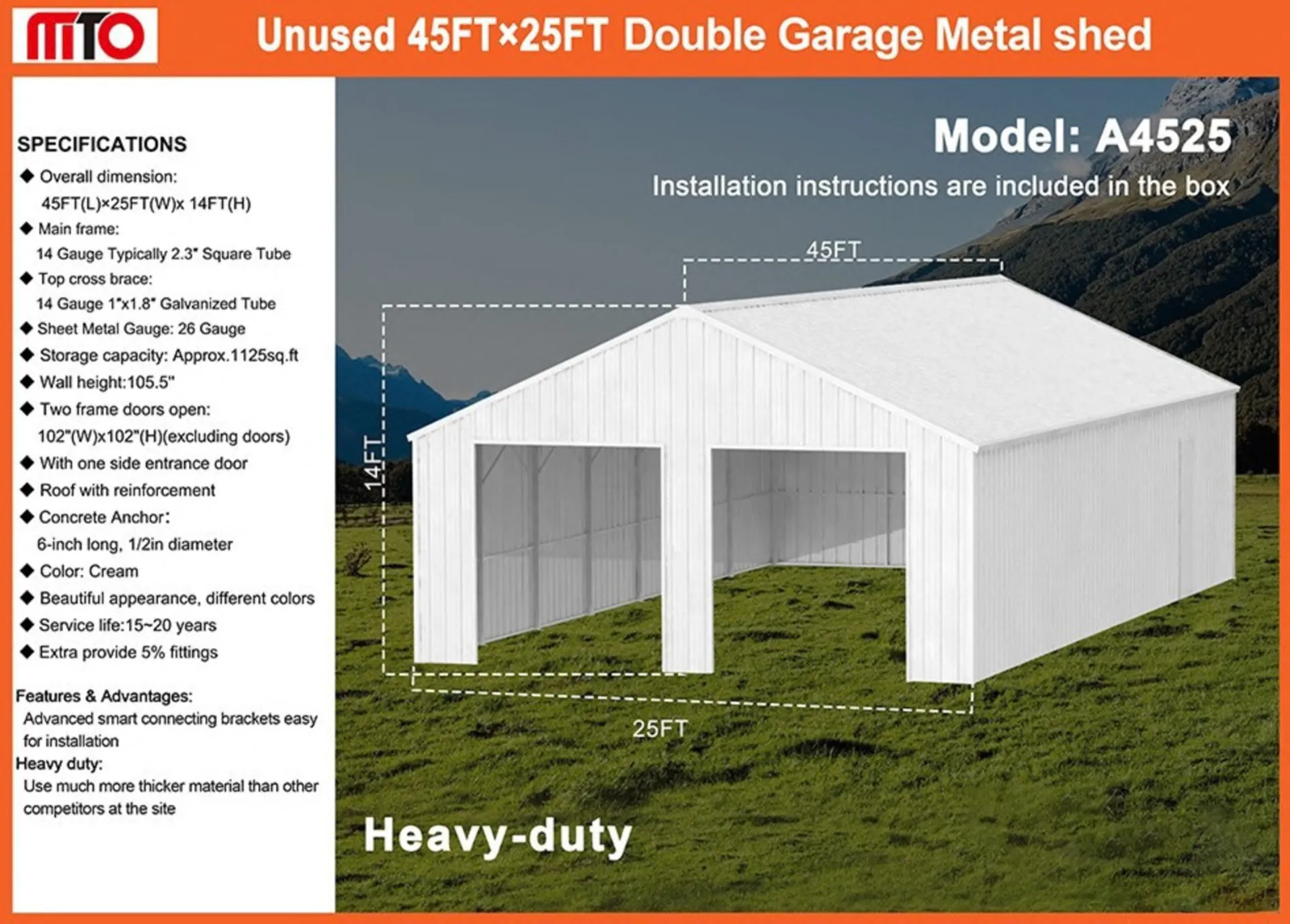 2026-mto-a4525-45x25-heavy-duty-double-garage-steel-barn-shed-unused-murl201m