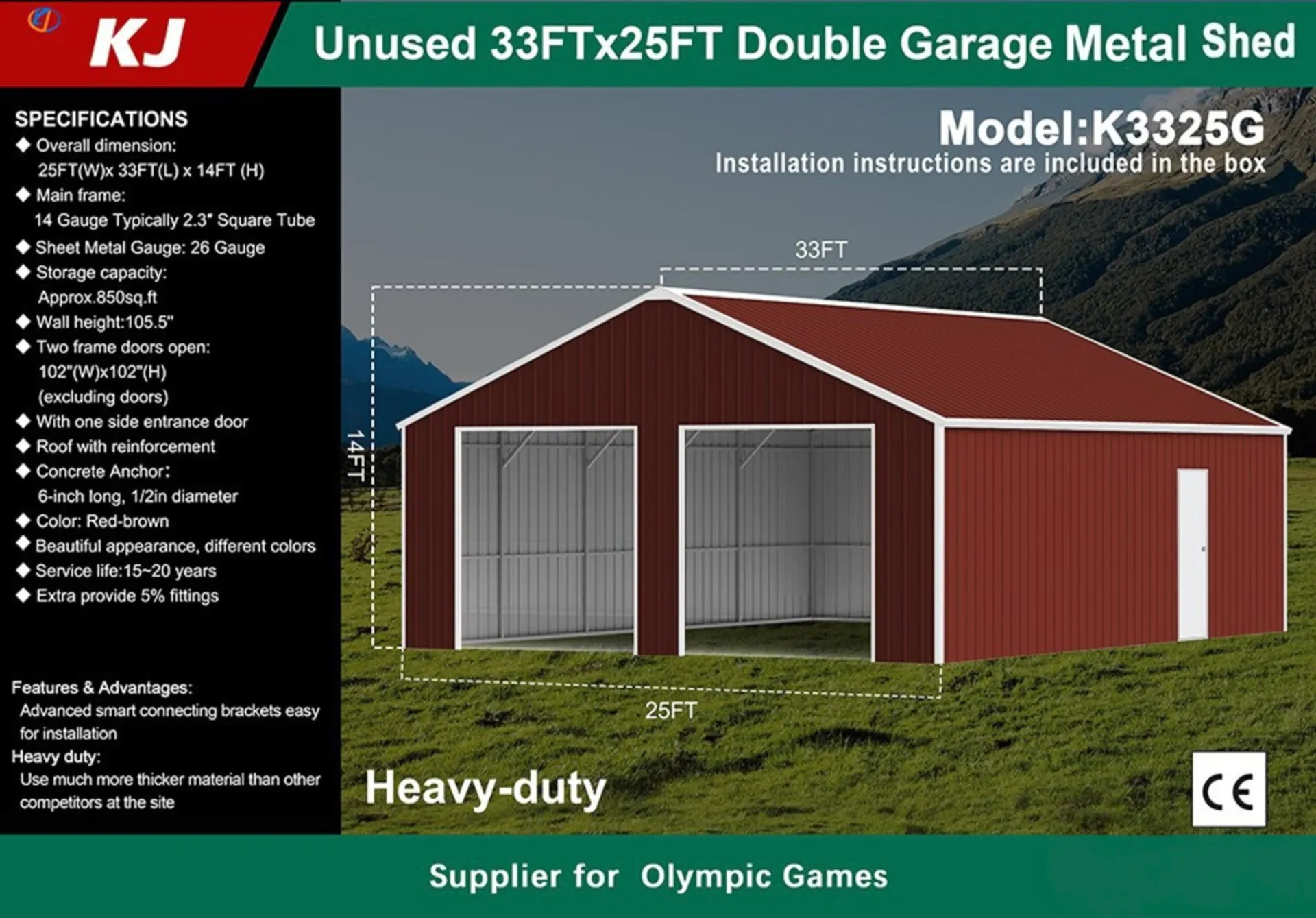 2026-kj-k3325g-33x25-heavy-duty-double-garage-steel-barn-shed-unused-muopu1xf